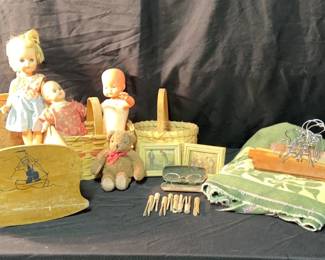Vintage Dolls, Crib, Baskets More