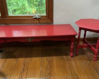 Red Wooden Coffee Table And Side Table