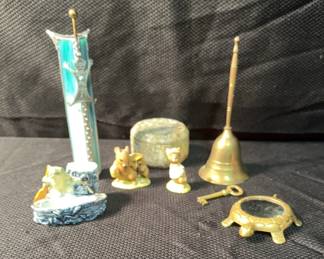 Enesco Mouse, Brass Bell, Kaleidoscope, Marble Trinket Box