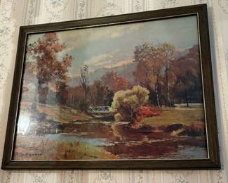 Lithograph Print 'Indian Summer' River Bridge Peter Hayward Signed Vintage & Framed (Approximately 21”x17”)