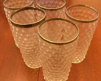 5 HOBNAIL TUMBLERS SILVER TRIM CLEAR PRESSED DEPRESSION Drinking GLASSES UNMARKED