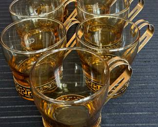 Set 7 Vintage Libbey Amber Gold Glass Coffee Cups w/ Metal Handle Greek Key Design