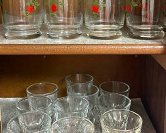 Set of Four Anchor Hocking 6 Inch Climbing Red Roses Drinking Glasses • Hocking or Libbey Low Ball Whiskey Shooters Bar Barware Set of Ten 