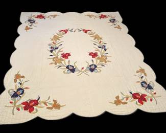 Iris Quilt (approximately 88”x78”) Hand-Stitched Appliqué / Scalloped Edge