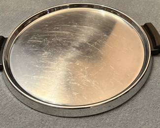 Art Deco 1930s Round Chrome Serving Tray w/ Black Bakelite Handles (Approximately 12.5” across)