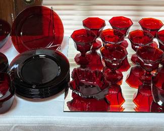 Independence Ruby Glass - Tall Octagonal Sherbets, Cups & Saucers, Dinner & Salad Plates, Cream & Sugar, set 8 Tumblers 