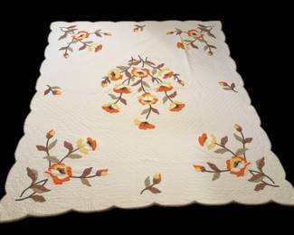 Orange Poppy Quilt (approximately 84”x76”) Hand-Stitched Appliqué / Scalloped Edge