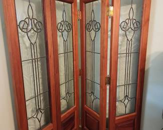 Large, heavy handmade Artisan Room Screen/Divider - leaded glass, solid wood, hinged - a beauty! Subject to prior sale $600.00. This piece is 6 feet all and is 70" wide fully extended (hinged). t Contact us for details.