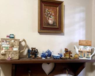 wall shelf with heart cutout Teapots sugar and creamer teacups art