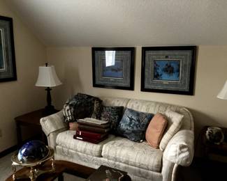 Loveseat. Civil war pillows and art Lamps Art