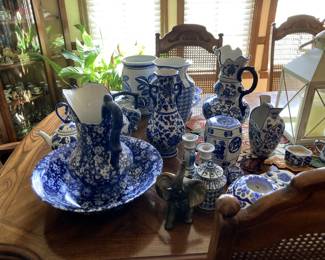vintage ironstone blue floral pitcher and bowl set vanity set collection of Cobalt blue items