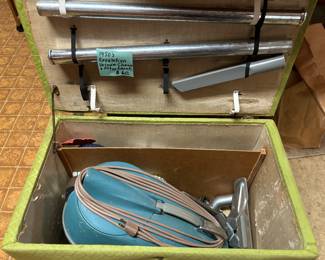 1950 Reveletion very vintage vacuum cleaner with all the attachments in wooden storage box