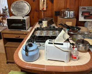 2 toaster ovens, toaster, vintage metal cake cover with glass plate