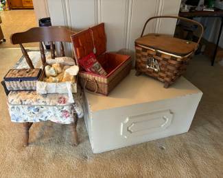 Wooden box, sewing baskets