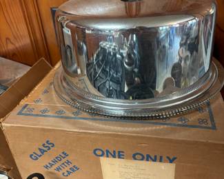 Vintage metal cake cover with glass plate