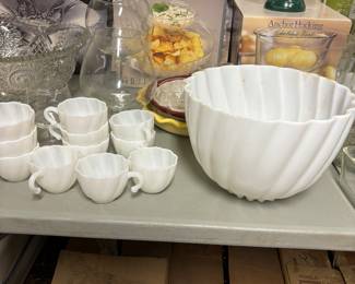 Milk glass punch bowl and five other punch bowls