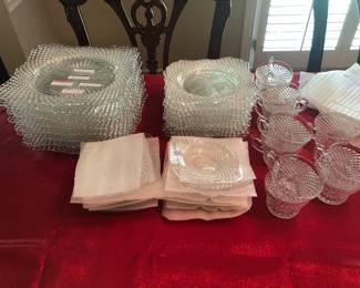 English Hobnail Westmoreland 8 plates9 1/2",8 salads 7 1/2" 11 cups and 11 saucers no chips. 1960's $270.00 for set.