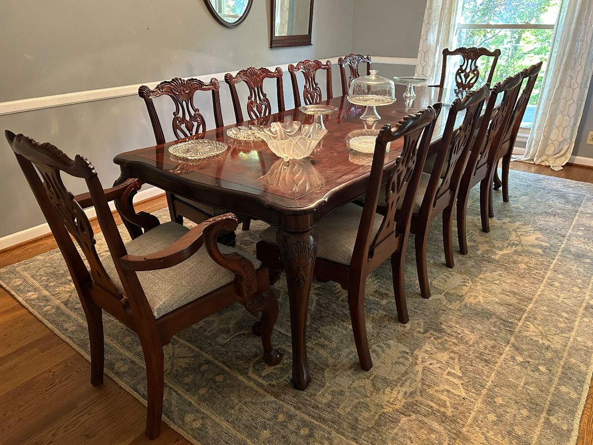 Century Furniture Dining table and 10 chairs. Shown with both leaves. 