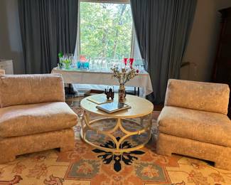 Pair of Maggie Carson 1980s slipper chairs and a Wolfgang coffee table.