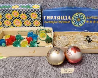 Vintage Russian Christmas Lights and Glass Ball Ornaments