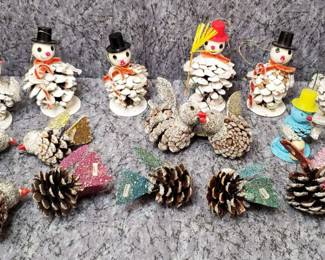 Vintage Pinecone Craft Bird and Snowman Ornaments