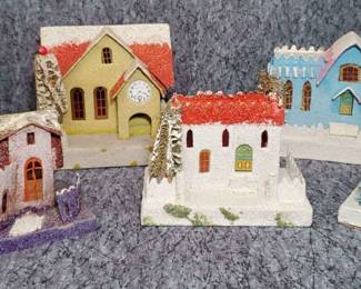6 Glittered Artisan Cardboard Craft Putz Holiday Village Buildings