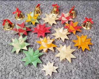 Moravian Star Waxed Paper Origami and Metal Bell Ornaments