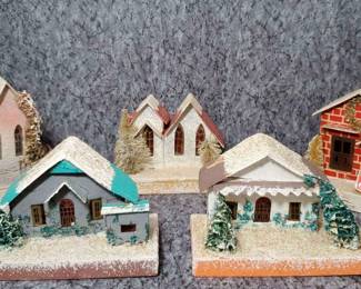 5 Glittered Artisan Cardboard Craft Putz Holiday Village Buildings