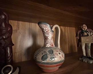 Vintage Hand Painted Mexican Tonala Pottery Large Pitcher Jug Folk Art