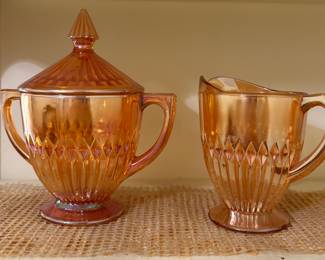 vintage  Jeanette Anniversary Marigold carnival glass cream and sugar set