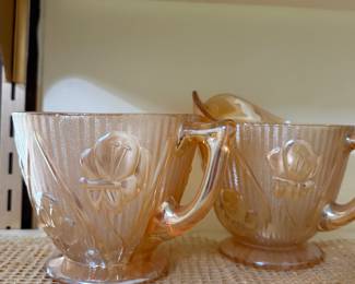 Jeannette Iris and Herringbone creamer iridescent carnival, floral gold depression cream, and sugar set