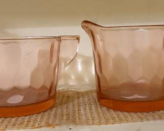 vintage pink depression glass art deco inspired cream and sugar set