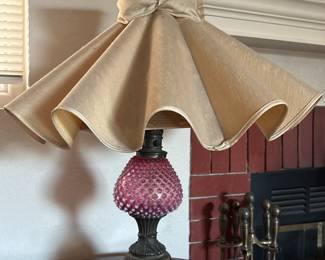 vintage pink/cranberry hobnail opalescent table lamp with a large burlap shade