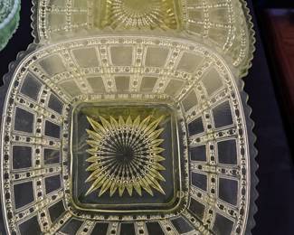 Vintage Imperial Glass Beaded Block Plate- Vaseline glass Uranium 1930's
