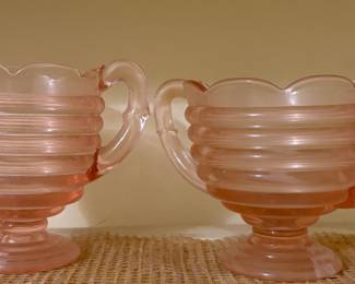 vintage pink depression glass ribbed scallop top cream and sugar set