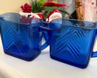 Vintage Hazel Atlas Chevron cobalt blue glass creamer and sugar set