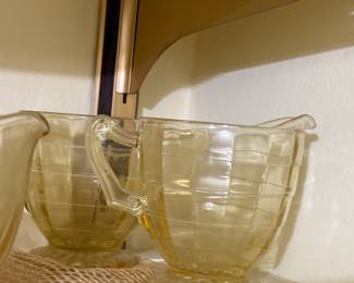 vintage anchor hocking block optic topaz yellow depression glass cream and sugar, cups