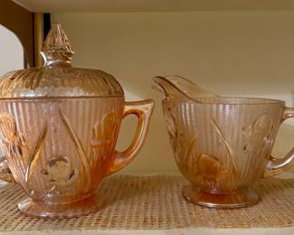 Vintage Jeannette Iris and Herringbone creamer iridescent carnival, floral gold depression cream, and sugar set lid pressed