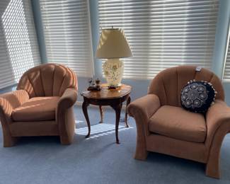 Stratford scalloped chair, Queen Anne style side table, Lamps, Berkeley Designs music box