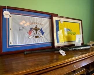 Phil Mickelson signed framed flag, Hal Sutton signed framed flag,  Game-used Tony Clark Louisville Slugger