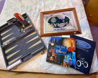 Olympia beer vintage mirror sign, Backgammon game set, Ford and Disney set