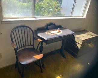 antique desk and chair & sea trunk 