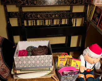 Matching black painted headboards for twin beds, Hitchcock-style.