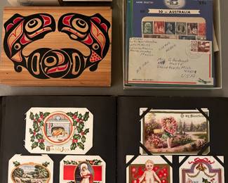 Gerett safe coin bank; stamp collection; album full of vintage greeting cards, many holiday.