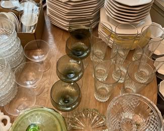 Large selection of vintage pottery, glassware and dinnerware sale-wide, including set of Nikko “Classic Collection” dinnerware (see following photo for the other half of the set).