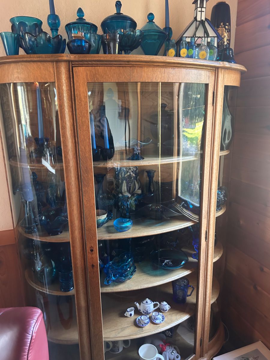 Blue and colbalt glass and cabinet