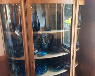 Blue and colbalt glass and cabinet