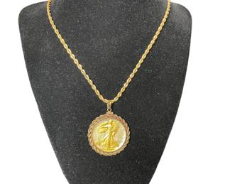 Vintage 12k Walking Liberty coin pendant on rope chain
