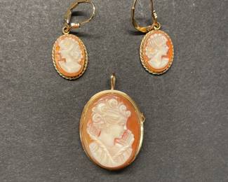 Cameo earring & pendant 14k gold Italy