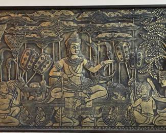 Large wood carved story board Bayon Temple Base Relief